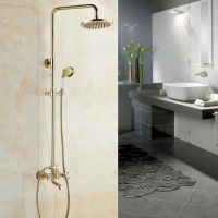 Shower Faucets Gold Brass Bathroom Shower Mixer Tap Faucet Set Rain Shower Head Round Wall Mounted Bathtub Faucet agf354