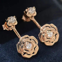 Custom Solid 10K Rose Gold Women Stud Drop Earrings Flower Moissanite Diamonds Wedding Party Engagement Anniversary Earrings