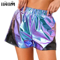Womens Jazz Disco Dancewear Metallic Shiny Elastic Waist Side Pockets Loose Shorts Sparkly Hot Pants Clubwear Rave Party Outfit