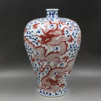 Blue White Large Chinese Vases Red Dragon Vase Narrow Mouth Chinoiserie Chinese Vase 19Th Unique Vases Vintage