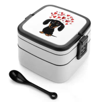Black And Tan Dachshund With Valentine Hearts Cute Cartoon Double Layer Bento Box Portable Lunch Box For Kids School Dachshund