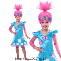 Trolls Dress Cosplay Wig+headband Trolls Wigs Dress 2019 Trolls Girls Party Cosplay Dress Up