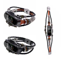 Fashionable retro leather + metal beaded strap For Xiaomi Mi band 6 5 luxury bracelet wristband For Xiaomi Mi band 4 3 strap