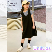 【UniKids】中大童裝2件套條紋短袖T恤純色背心裙 女大童裝 VWHT9979(黑)