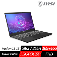 MSI微星 Modern 15 H AI C2HMG-206TW 15.6吋商務筆電 Ultra 7 255H/16G+16G/512G PCIe SSD/Win11/特仕版)