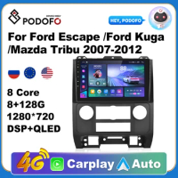 Podofo AI Voice Android Carplay Car Radio For Ford Escape 2007-2012/Ford Kuga 2007-2012/Mazda Tribute 2007-2012 Android Auto DSP