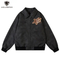 Aolamegs Men PU Leather Jacket Five-Pointed Star Letter Embroidered Coat American High Street Pilot Coach Jackets Unisex