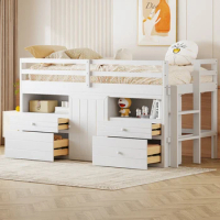Twin Size Loft Bed with 4 Drawers,Underneath Cabinet and Shelves,Elegant Design Wooden Kids bed,Space-saving,for bedroom