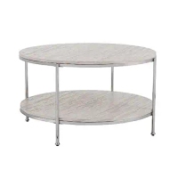 Round Stone Coffee Table Modern Glam Style 33.25" Cocktail Table Shelf Required Assembly Stone Top Engineered Wood Frame 30lbs