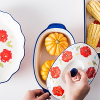 華孚家 出口歐洲陶瓷雙耳烤盤碗帶蓋烘焙菜烤箱橢圓形芝士焗飯盤