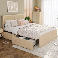 Queen Size Bed Frame with Natural Rattan Headboard and Wooden 4 Storage Drawers, Metal Platform with Strong Wooden Slats Support
