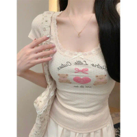 เสื้อยืดน่ารักสมบูรณ์แบบ VIBRATE เสื้อยืดพิมพ์ลาย สไตล์ BM น่ารัก สำหรับผู้หญิง แขนสั้น เสื้อผูกโบว์
