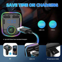 Car Bluetooth 5.0 FM Transmitter Handsfree MP3 Modulator Ambient Light Colorful Charger PD 3.1A USB Type-C Fast Player Dual J5F3