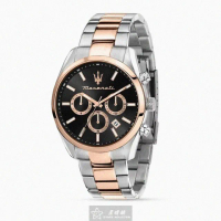 【MASERATI 瑪莎拉蒂】MASERATI手錶型號R8853151002(黑色錶面玫瑰金錶殼金銀相間精鋼錶帶款)