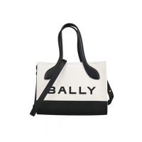 【BALLY】BAR Keep On經典標誌皮革鑲飾帆布手提斜背包(XS/白x黑)