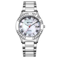 【RHYTHM 麗聲】奢華貝殼面羅馬數字日期顯示陶瓷腕錶(白/半陶瓷錶帶)