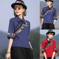 2Colors Chinese Traditional Clothing for Women Orient Ethnic Cotton Linen Tops 2022 Summer Short Sleeve Blouse Women Hanfu Top