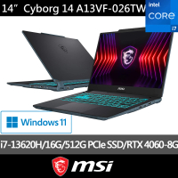 MSI 微星 14吋 i7 RTX4060-8G 輕薄電競筆電(Cyborg 14/i7-13620H/16G/512G SSD/W11/A13VF-026TW)