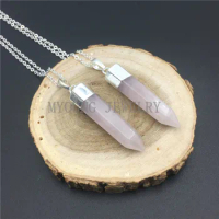 MY0828 Rose Quartzs Spike Point Pillar Pendant Charm Necklace,Pink Crystal Silver Color Chain Necklace