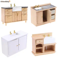 1/12 Wooden Wash Basin Cabinet With Ceramic Hand Sink Miniature Furniture Toys For Dollhouse Bathroom Kitchen Decoration New