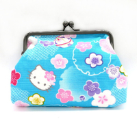 asdfkitty*日本製 KITTY梅花和風雙珠扣零錢包-藍色-超大尺寸-化妝包/收納包/置物包-正版商品