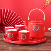 Ceramic Red Wedding Teapot Gifts Porcelain Chinese style Double Happiness Tea Infuser Tea Pot Cup Set Luxury Gift