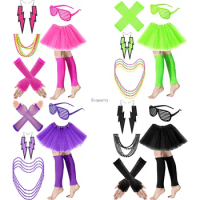 NEW 80s Themed Outfits 80s Fancy Dress Costume Accessories Neon Necklace Blinds Glasses Earrings Fishnet Gloves Leg Warmers Tutu