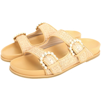 Stuart Weitzman Piper 珍珠釦環草編拼接小牛皮涼拖鞋(駝色)