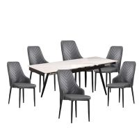 文創集 德斯雅4.7尺可伸縮岩板機能性餐桌皮革餐椅組合(餐椅四色可選＋一桌六椅組合)-140-203x80.5x76.5cm免組