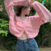 V-neck Cardigan Women Sweet Cropped Lazy Style Hot Ladies All-match Кардиган Женский Girlish 3-colors Solid Ulzzang Cozy Stylish