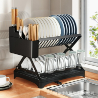 X型可折疊瀝水碗架雙層廚房瀝水架臺面式帶接水盤廚房碗碟收納架