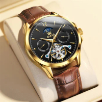 OLEVS New Men Leather Tourbillon Watch Wrist OLEVS Original Luxury Top Brand Fashion Sports Automatic Mechanical Watches Relogio