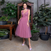 Angelsbridep Tulle Dirty Pink Evening Dresses Lace Formal Dress A-line Tea Length Evening Gowns Vestidos De Noche Prom Gowns