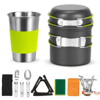 Portable Camping Cookware Set Outdoor Pot Mini Gas Stove Sets Nature Hike Picnic Cooking Set With Foldable Spoon Fork Knife