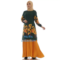 gamis wanita plisket kombinasi bunga uk XL - hijau botol