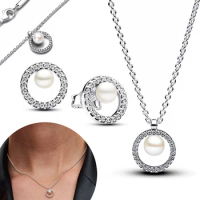 925 sterling silver pearl clavicle necklace and earrings Fit Pandora luxury and exquisite gifts