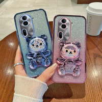 For OPPO Reno 11 5G Case Soft Silicone Bling Electroplated TPU Cell Phone Casing For OPPO Reno11 5G Back Cover Cute Bear Stand