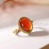 七寶水晶石榴石紅瑪瑙鍍金女士中式時尚流行簡約復古開口戒指指環