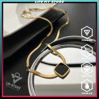 Kalung Titanium Gepeng Liontin Batu Kotak Permata Hitam Stainless Steel Emas Anti Karat
