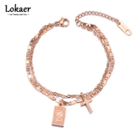 Lokaer Double Layers Retro Cross Tag Charm Bracelet Elizabeth Coin Jewelry Stainless Steel Chain &amp; Link Women's Bracelet B19043