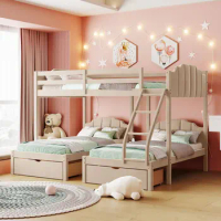 Full Over Twin &amp; Twin Bunk Bed, Velvet Triple Bunk Bed with Drawers and Guardrails，Family practical children's three person bed