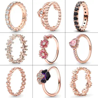 Rose Gold 925 Silver Ring Pink Daisy Flower Trio Ring Black Sparkling Row Eternity Ring Pandora Ring Women Fine Jewelry DIY