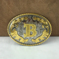 Buckleclub wholesale western flower letter B cowboy jeans gift belt buckle FP-03702-B gold with silver FINISH 4cm width loop