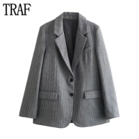 TRAF 2024 Striped Long Blazer Woman Faux Wool Straight Jacket Women Long Sleeve Office Blazers for Women Winter Women's Blazers