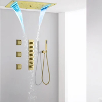 Ceiling Embedded 28*15 Inch LED Shower Head Waterfall Brushed Gold Shower Bathroom Thermostatic Shower Faucet Set