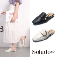 Soludos-正韓來台-典雅造型金屬珍珠扣方頭低跟穆勒鞋-黑/白
