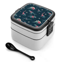 Dinos In Sweaters Double Layer Bento Box Portable Lunch Box For Kids School Xmas Christmas Dino Dinosaurs Festive Pixel Holiday