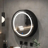 Wall-mounted solid wood oval LED smart bathroom mirror storage box cabinet bathroom toilet wall-mounted round mirror with light