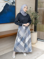 MUTIF Sarimbit Daisy Desta Navy Blazer Koko Tangan Pendek & Gamis Wanita Plaid Grey Cotton Yarndyed 