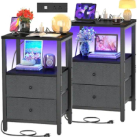 Night Stands Set of 2 with Charging Station,Night Stand LED Lights,25.6'' Bedside Tables 2 Drawers,3 Tier Tall Storage Black